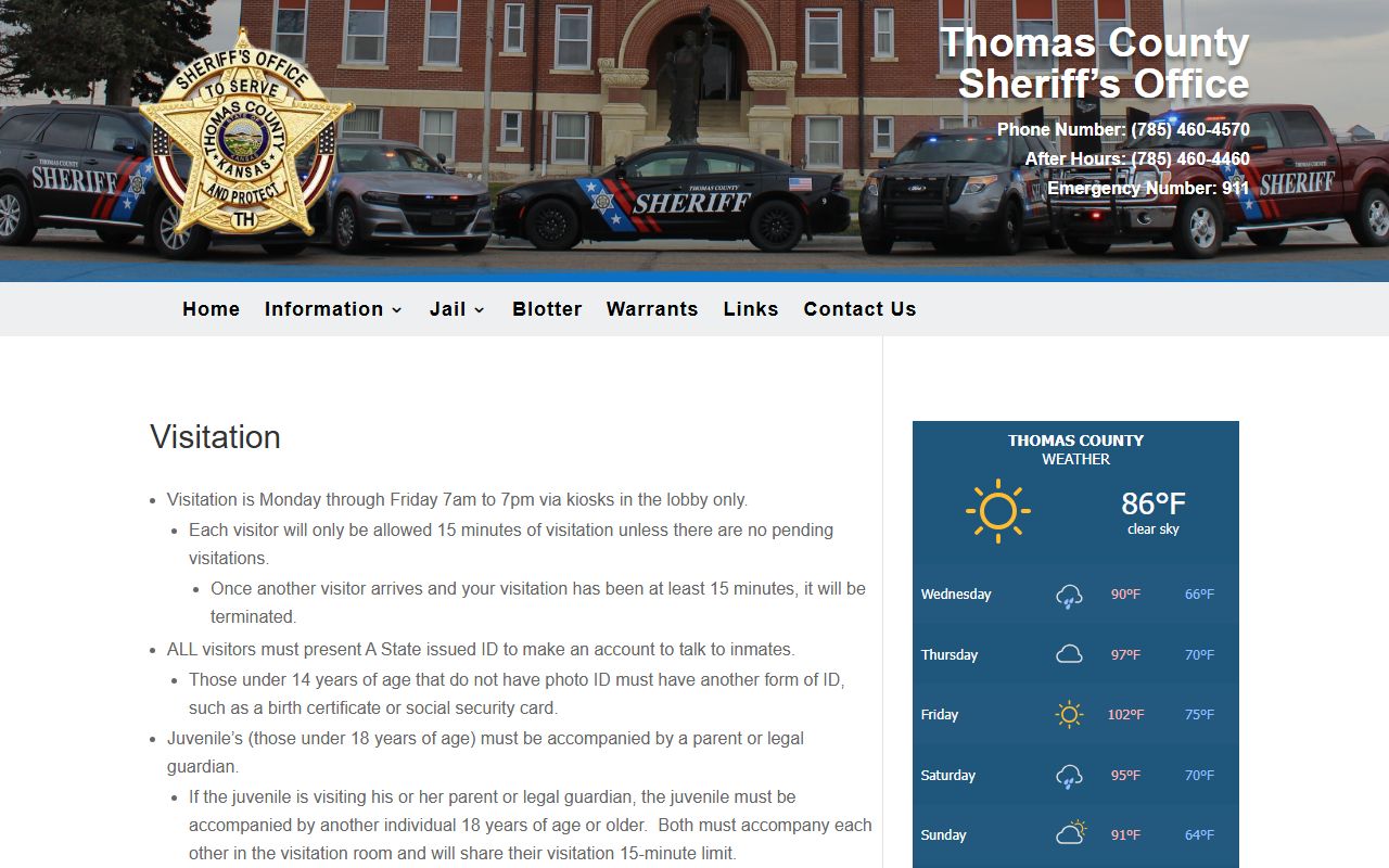 Thomas County inmate visitation schedule and rules