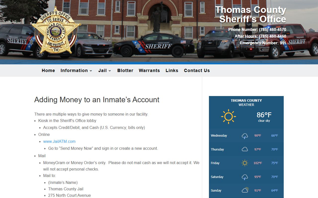 Thomas County inmate money deposit options and JailATM instructions