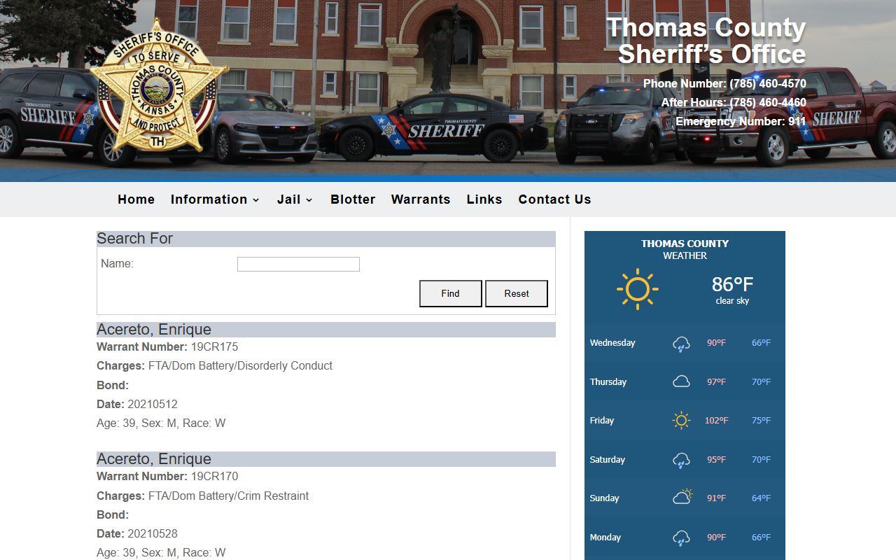 Thomas County warrant search list from the sheriff office
